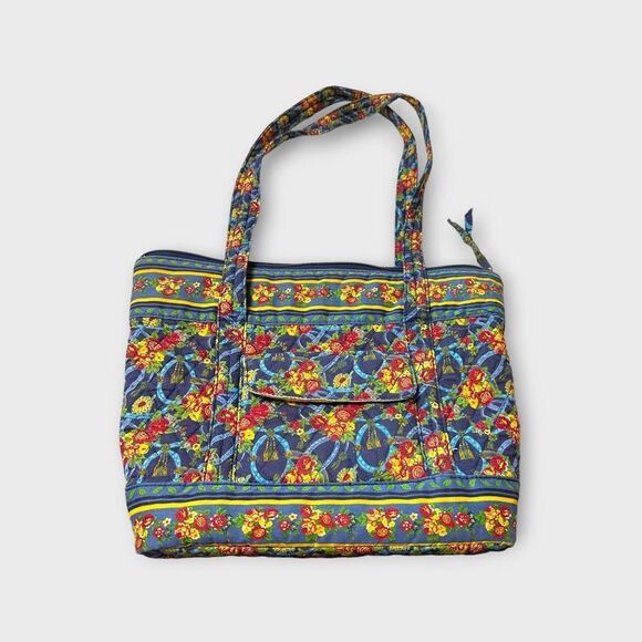 Blue Cotton Tote Handbag Red and Yellow Floral Pattern - Picture 1 of 7